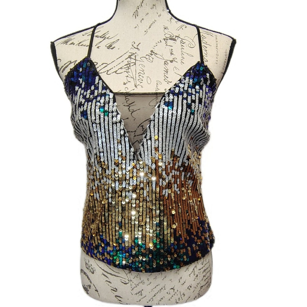 Vintage Y2K bebe Sequin Ombre Tank Top Cami Strappy Mermaid Core Festival‎